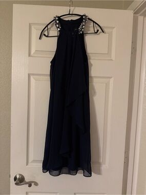 Scarlett Navy One-Shoulder Beaded Halter Dress